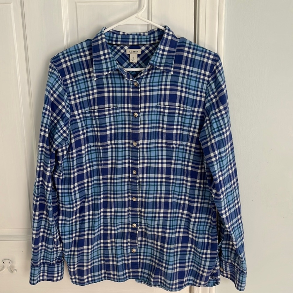 Like new, LL Bean light-weight blue plaid cotton flannel shirt.